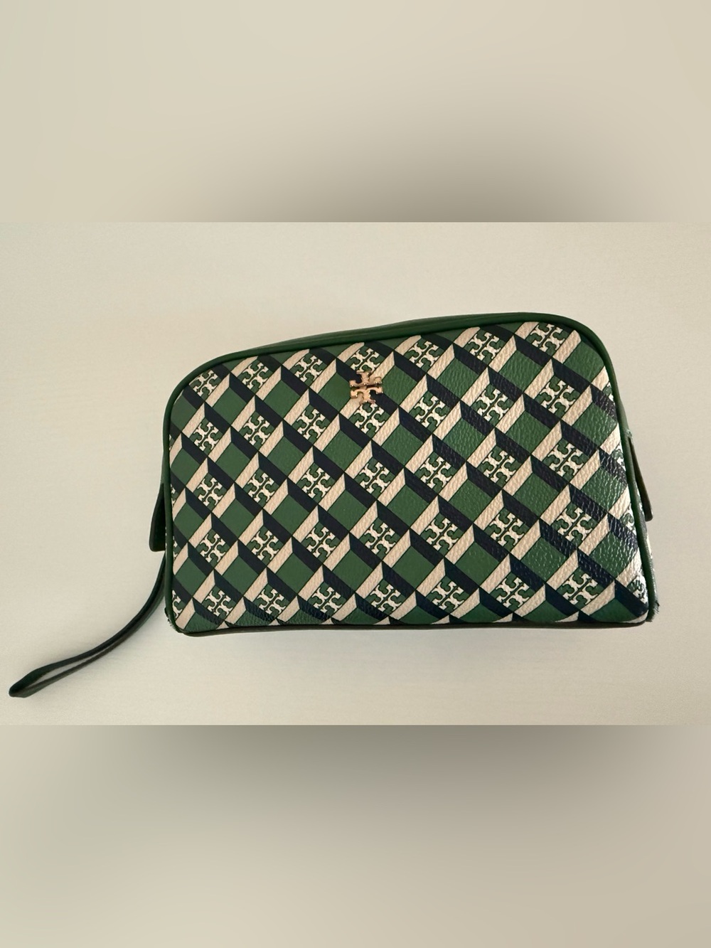 Tory Burch Geo Logo Essentials Pouch Wristlet Green Cream EUC